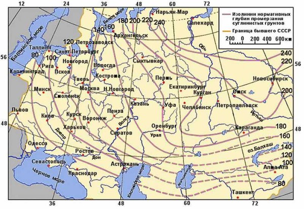 Da questa mappa è possibile determinare approssimativamente il livello di congelamento del suolo nella regione