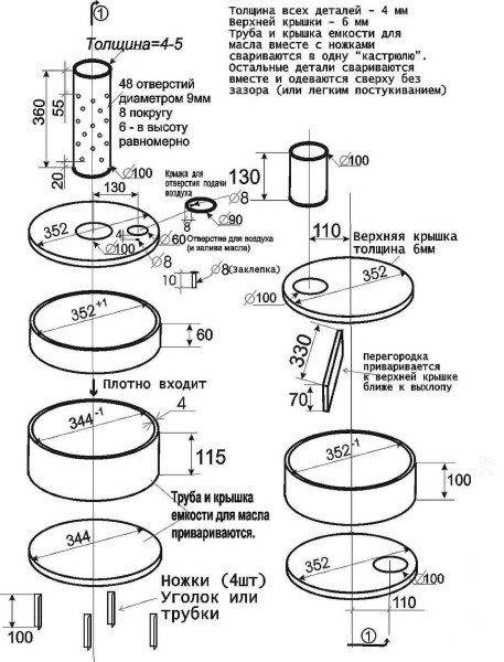 Diagram over en spilloljeovn med dimensjoner - alt som trengs for å lage den selv