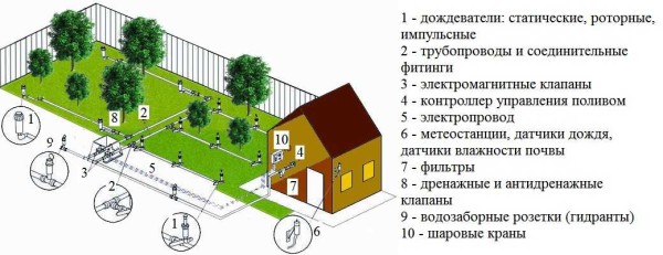 Il sistema di irrigazione a pioggia è adatto per annaffiare un prato o piccole piantagioni - fino a 10-15 cm