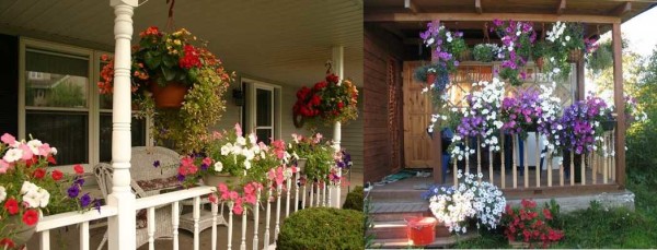 Una forma tradicional pero linda de decorar una terraza de verano abierta con macetas colgantes de plantas con flores