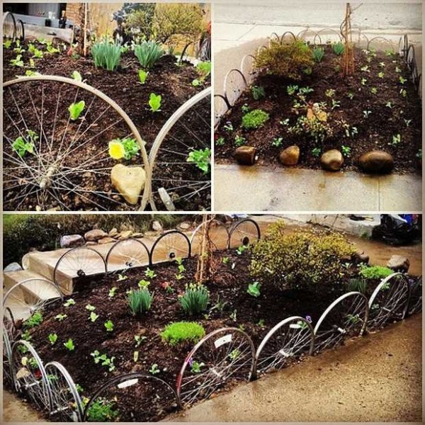 Las ruedas de bicicleta viejas pueden decorar su casa de verano. ¿Cómo? Haz una cerca de jardín de flores con ellos