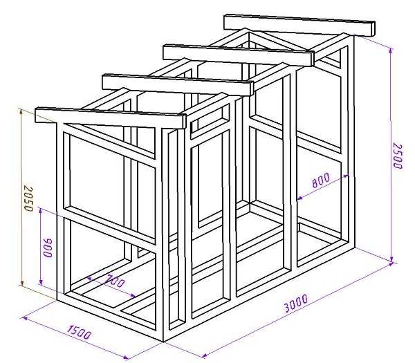 Cobertizo con techo inclinado - dibujo con la disposición de los racks