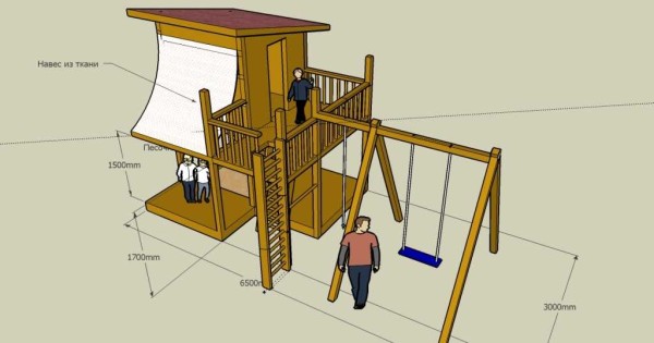 Parque infantil con una casa sobre patas altas - dibujo con dimensiones