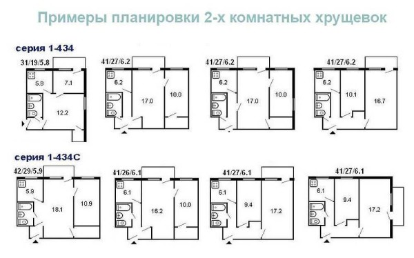 Opciones de diseño para casas Khrushchev de dos habitaciones de diferentes series.