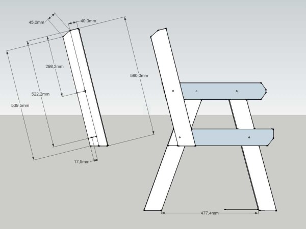 Panchina con schienale: disegno con dimensioni