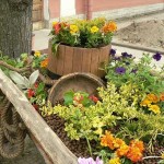 Cama de flores de varios niveles en un diseño de jardín rústico