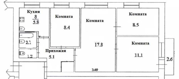 Reurbanización de 4 x habitación Khrushchev: foto anterior