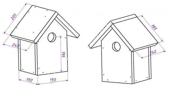 Pajarera con techo triangular: dibujo, dimensiones Pajarera con techo triangular: dibujo, dimensiones