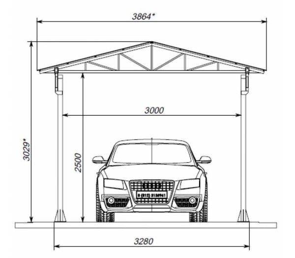 Disegno di una tettoia a due falde per un'auto in metallo