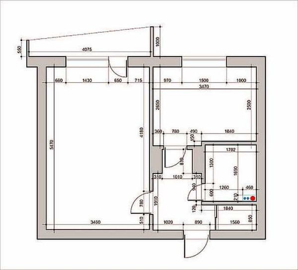 Leilighetsplan før renovering med dimensjoner