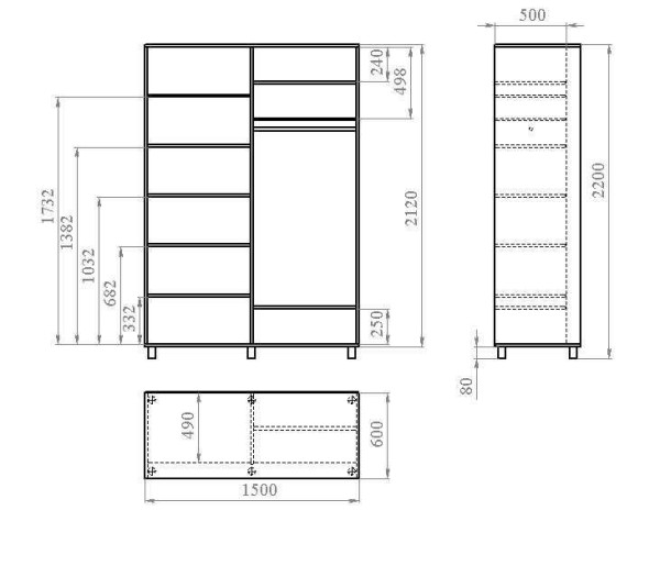 Un'altra variante del layout per porte scorrevoli (la profondità dei ripiani è inferiore alla larghezza della guida inferiore)