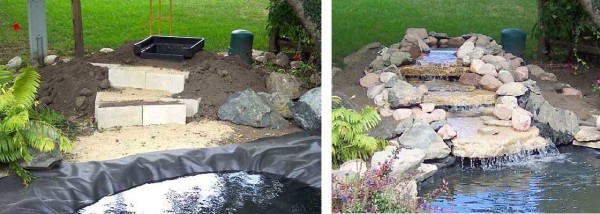 Cascata del giardino con un ampio ruscello