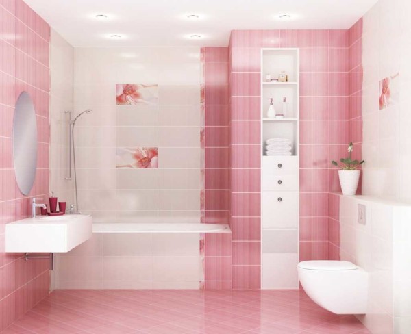 Acabado blanco y rosa del baño.