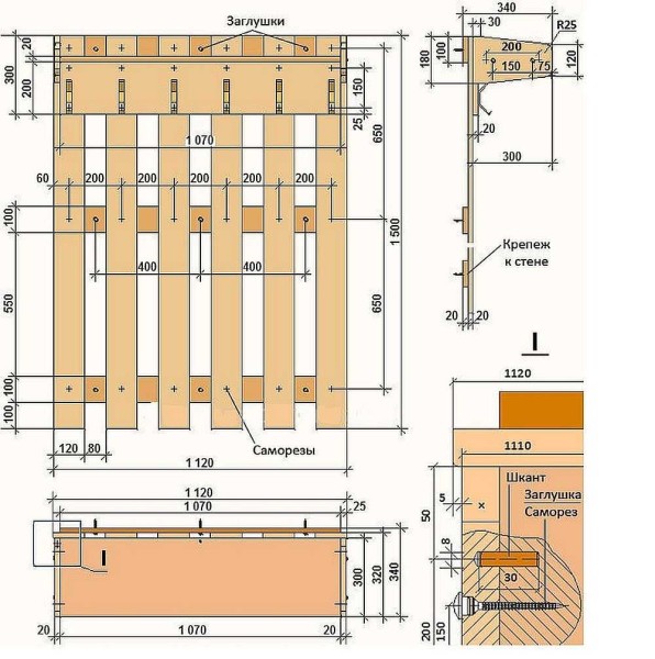 Crtež zidne vješalice s dimenzijama