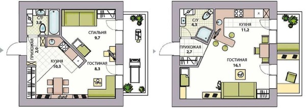 Opciones de reurbanización para un apartamento en un estudio.