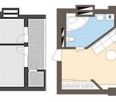 Asignación de un dormitorio en un estudio mediante tabique radial y unión a balcón