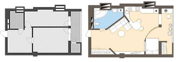 Asignación de un dormitorio en un estudio mediante tabique radial y unión a balcón