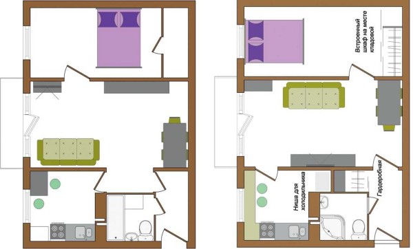 En esta versión de la reparación de un apartamento de tamaño pequeño, no solo se movieron las puertas, sino que también se combinaron las particiones y el baño.