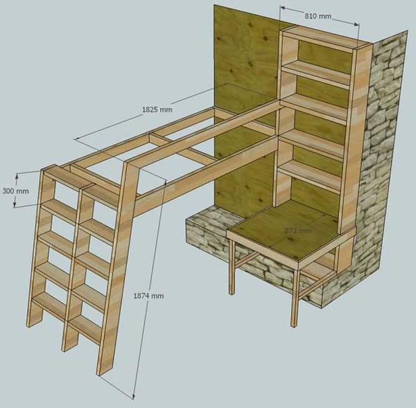 Projekt kreveta u potkrovlju s dimenzijama