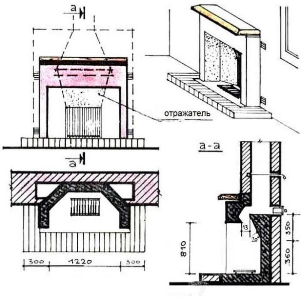 Disegno di un classico camino inglese con dimensioni