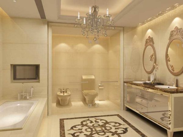 Interior de baño elegante con gres porcelánico pulido