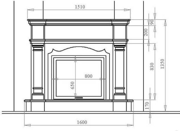 Dibujo de una chimenea decorativa con dimensiones.