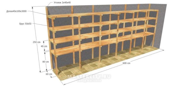 Scaffalature in legno nel garage - disegno con dimensioni