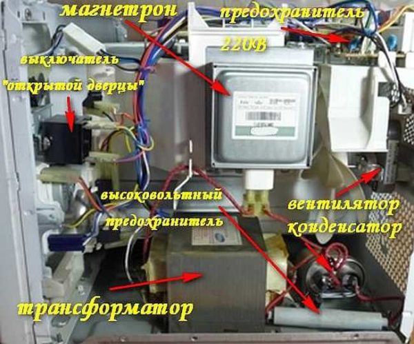 Disposición aproximada de las piezas en un horno microondas.