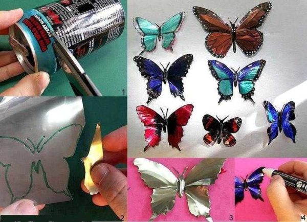 Incluso puede usar latas de cerveza para la decoración de paredes de mariposas.