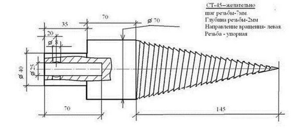 Plano de dimensiones del cono roscado para cortadora de madera de tornillo