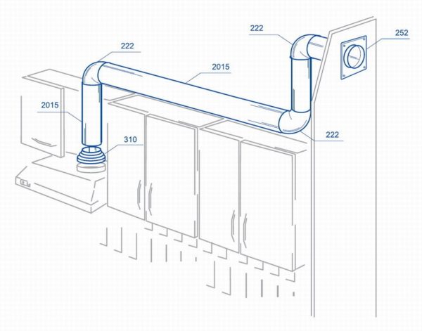 Un ejemplo de uso de conductos de plástico para conectar una campana de cocina