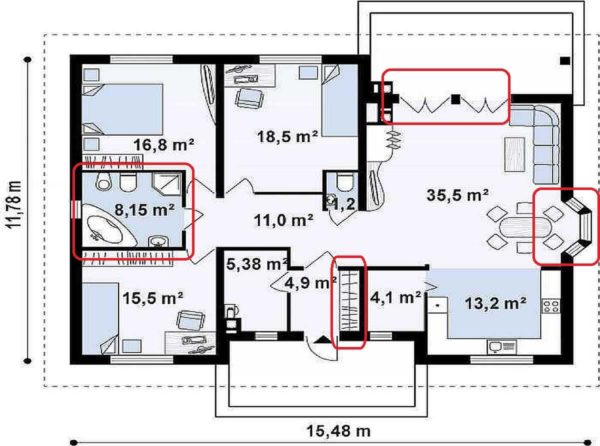 Casa a un piano con tre camere da letto, bovindo e terrazzo