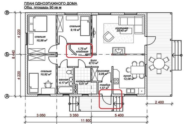 Proyecto de una casa de una planta con tres dormitorios y una terraza (90 m2)