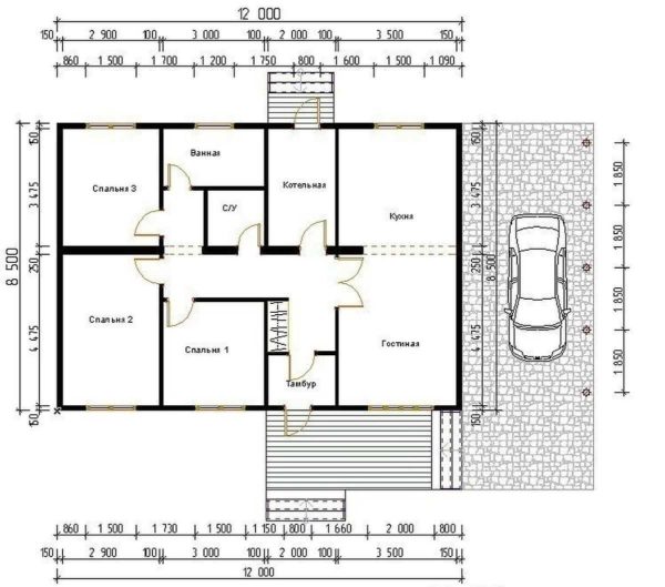 Progetto di casa a 1 piano con tre camere da letto e un posto auto coperto