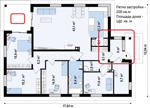 Casa de una planta con un área de 160 metros cuadrados. m, con tres dormitorios y una oficina, una sala de calderas y una pequeña terraza de esquina