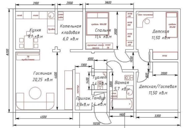 Un ejemplo del diseño de una casa de un piso con tres dormitorios en 110 metros cuadrados.