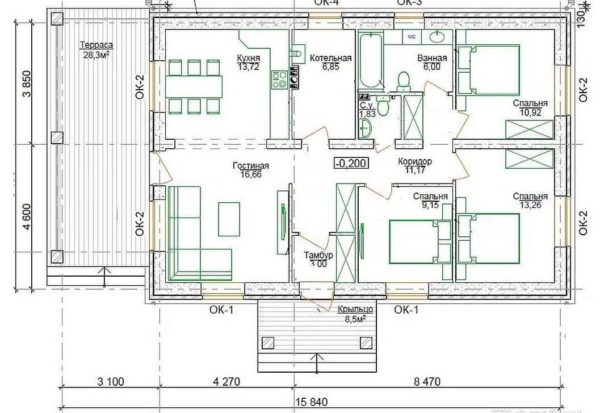 Progetto di una casa a un piano con 3 camere da letto e un terrazzo