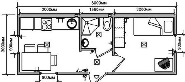 Casa de cambio de campo de dos habitaciones con baño y ducha de 3 * 8 metros. El diseño es un chaleco tradicional. Es dificil calentarlo