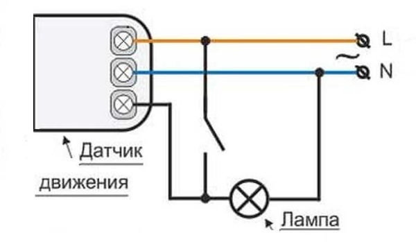 Diagrama de conexión de un sensor de movimiento con posibilidad de iluminación de larga duración (sin pasar por el sensor)