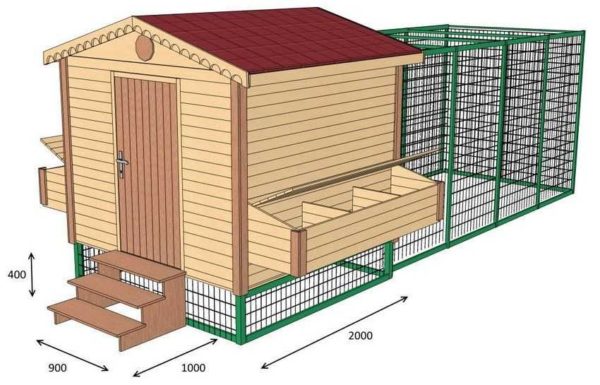 Dibujo con las dimensiones de un gallinero para 10-15 pollos.