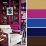 Para interiores tranquilos pero no aburridos: base - beige, adicional - azul y fucsia oscuro, acento - negro y marrón oscuro