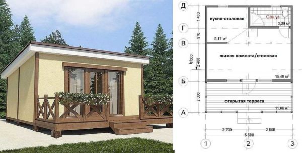 Proyecto de una casa de campo con baño y terraza descubierta bajo techo inclinado