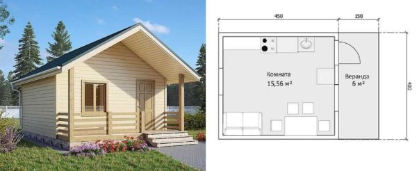 Proyecto de una pequeña casa de campo con terraza bajo techo común.