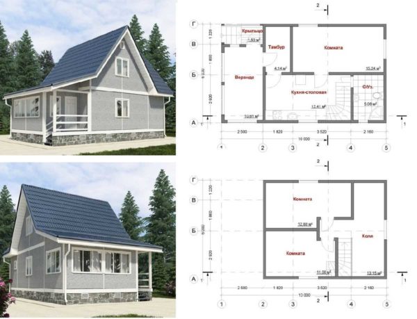 Casa de campo con terraza cubierta y ático 6 * 10 metros: distribución del piso