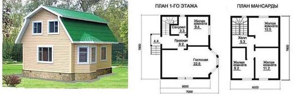 Husprosjekt for dacha 7 * 7 med loft under knust tak og karnapp