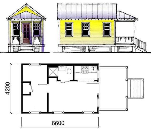 Layout di una casa di campagna 6 * 4 con una cucina, un bagno, una veranda estiva e un ingresso invernale con un vestibolo