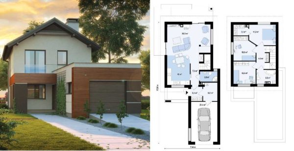 El proyecto de una pequeña casa de dos pisos para una residencia de verano con un garaje adjunto: superficie habitable de 100 metros cuadrados. m, garaje para un coche