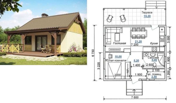 Ett-etasjes hus 7 * 7,5 med tilhørende terrasse