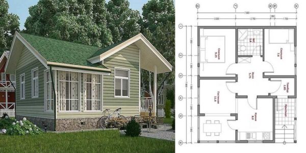 Casa di campagna con veranda invernale interrata 8 * 8 metri, un progetto con un layout