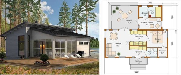 Progetto di casa di campagna in stile scandinavo con bagno / sauna